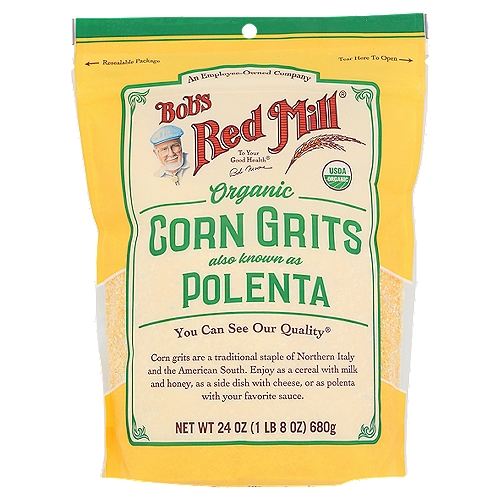 These traditional style corn grits are certified organic. The imperative ingredient of the Italian dish polenta; also wonderful as a hot cereal.nnAmerican and Italian cuisine combine to make our delicious Organic Yellow Corn Polenta. Enjoy its creamy texture straight from the stove, or let cool and slice to bake, grill or fry.nnDear Friends,nCorn is perhaps the most traditional of American foods. Domesticated thousands of years ago, it's been a cultural and nutritional mainstay ever since. At Bob's Red Mill, we use only the finest-quality golden corn to create our Organic Yellow Corn Polenta. Its rich flavor and incredible texture make our polenta ideal for a variety of delicious entrées or savory side dishes. We hope you enjoy it as much as we do.