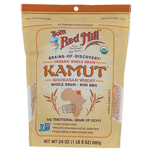 Kamut® is an ancient relative of modern day wheat. These whole grain kernels hae a firm texture and rich, nutty flavor.nnThe Traditional Grain of Egyptn• Ancient variety of wheatn• Pleasantly chewy texture and rich, buttery flavorn• A tasty addition to stews and grain bowls