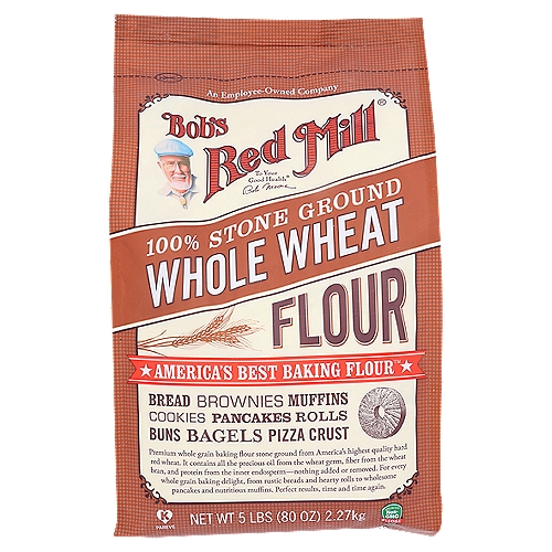 100% whole grain flour ground from hard red spring wheat.nnBread, Brownies, Muffins, Cookies, Pancakes, Rolls, Buns, Bagels, Pizza CrustnnPremium whole grain baking flour stone ground from America's highest quality hard red wheat. It contains all the precious oil from the wheat germ, fiber from the wheat bran, and protein from the inner endosperm—nothing added or removed. For every whole grain baking delight, from rustic breads and hearty rolls to wholesome pancakes and nutritious muffins. Perfect results, time and time again.