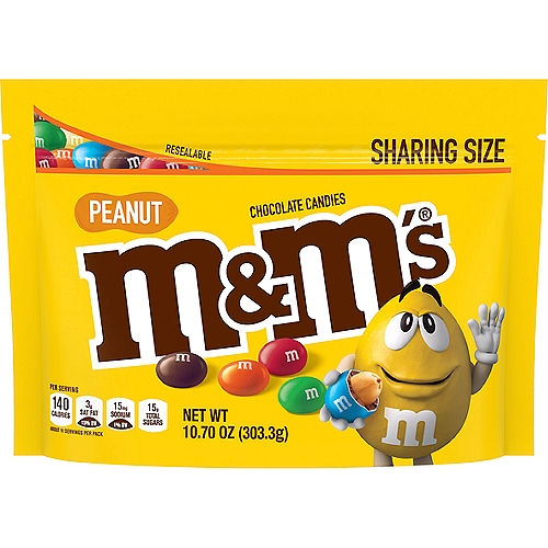 M&M'S Peanut Chocolate Candy is a little nutty, a lot tasty and always full of fun. Enjoy roasted peanuts covered with delicious chocolate and a colorful candy shell in sharing-sized chocolate bags.