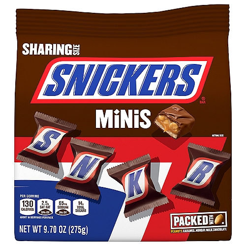 SNICKERS Minis Chocolate Candy Bars, 9.7 oz
Loaded with roasted peanuts, nougat, caramel and milk chocolate, SNICKERS Chocolate Candy satisfies your hunger. From game days to big meetings, SNICKERS Candy Bars are sure to please your friends, family and coworkers. Stock up on SNICKERS MINIS Chocolate to fill your candy dish or have on hand when hunger strikes next. Remember, you're not you when you're hungry!

• Contains one (1) 9.7-ounce bag of SNICKERS Minis Chocolate Bars
• Share SNICKERS Minis with friends and family
• Buy a bag of SNICKERS Minis Chocolates for piñata candy, candy buffets, recipes or for your next party
• Great for those moments when you'd like a satisfying treat
• Each bag stands up for easy storage