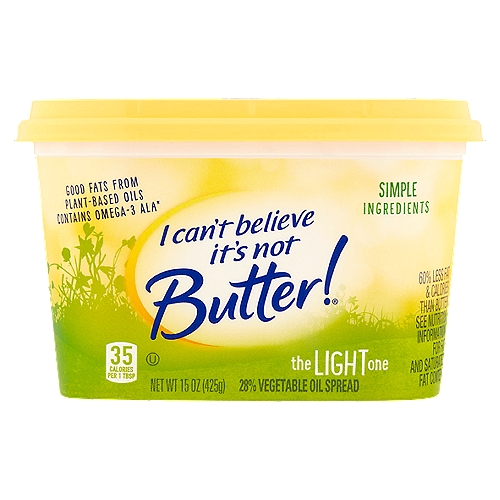 Good fats from plant-based oils contains omega-3 ALA*n*Contains 190mg of omega-3 ALA per serving (11% of the 1.6g daily value)nn80% less saturated fat than butter†n†Total fat is 4g per serving.nnDelicious buttery taste!nnMade with a Delicious Blend of... Oils, Purified Water & a Pinch of SaltnnPer servingnICBINB! Light: Calories 35; Sat. Fat: 1gnButter: Calories 100; Sat. Fat: 7g