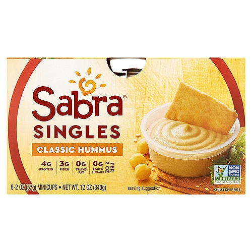 Get Your Daily Dip of HummusnAdding Sabra Singles to your lunch every day is part of a nutritious dietary pattern, contributing to your weekly recommended servings of beans.nnTotally Veg OutnA 2 oz serving of hummus is vegan and has 4g of plant-based protein and 3g of dietary fiber.nnOn the Go GoodnessnThe great taste of Sabra Hummus singles are Non-GMO Project Verified and have 0g added sugars, 0mg cholesterol, and 0g trans fat per 2 oz.nnPerfect PairingsnPair it with veggies, Stacy's® Pita Chips, crackers, or try our Roasted Red Pepper Hummus, to make lunch less routine.