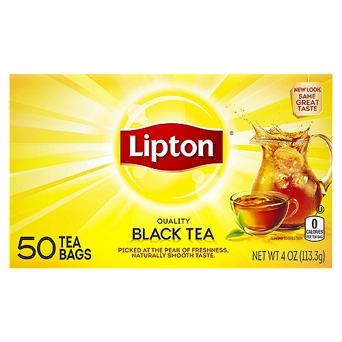 Lipton Tea Bags Black Tea 4 oz, 50 Count
Drinking tea has so many benefits. Did you know regular consumption of black or green teas can help support a healthy heart? Lipton Black Tea contains flavonoids which can help maintain heart health. Daily consumption of 2-3 cups of unsweetened brewed tea provides 200-500 mg of flavonoids that can help support a healthy heart as part of a diet consistent with dietary guidelines.

Our Master Blenders have crafted a delicious blend that includes carefully selected and fresh-pressed tea leaves that capture as much natural tea taste as possible. Lipton Black Tea is made with real tea leaves that have been specially blended to enjoy hot or iced. 

Served iced, Lipton Black Tea is the perfect addition to any of your meals because it's naturally tasty and refreshing. To enjoy iced, simply brew 4 tea bags with 1 quart boiling water, steep 3 minutes, sweeten, and add 3 quarts of fresh cold water and ice. Then sip and let great-tasting Lipton black tea brighten your day! 

Thomas Lipton was a man on a mission - to share his passion for tea around the world. He believed that everyone deserved high quality, great tasting tea. And over 120 years later, that belief is still what drives us - inspiring more flavors, more varieties and more love than ever before. All our tea bags are 100% sustainably sourced, which translates into ensuring decent wages for tea farmers around the world together with access to quality housing, education and medical care. Your tea is their brighter future.
