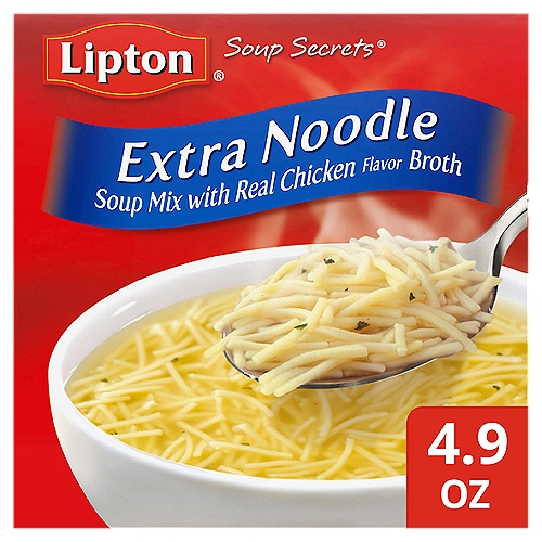 Enjoy soup at any time with Lipton Soup Secrets Soup Mixes. Our satisfying soups are made with real chicken broth and enriched flavorful noodles, and they're a great way to please the entire family. Each box of Soup Secrets Soup mix makes 6-8 servings. Enjoy it as a satisfying bowl of soup any time of day for as few as 70 calories (or less) per one cup serving. nnSoup Secrets make it easy for you to make hearty, homemade soup for your family. Add one bag of instant soup mix to four cups of water and bring to a boil, cooking until noodles are tender. Add your favorite meats and/or vegetables for a delicious meal made in a faction of the time. For even faster prep, combine one pack of dry soup mix to four cups of water and microwave on high for 10-12 minutes or until noodles are tender.nnBring the entire family together with Lipton Soups! Lipton Soups have been there for you and your family since 1940. When you're craving something warm and satisfying for your family, reach for Lipton Soup Secrets, and enjoy the soul-restoring combination of flavorful broth and curly, swirly noodles. Soup Secrets are available in 4 delicious varieties: classic Noodle Soup, Extra Noodle Soup, Ring-O-Noodle Soup, and Chicken Noodle Soup with Diced White Chicken Meat.nnSoup Mix with Real Chicken Flavor Broth