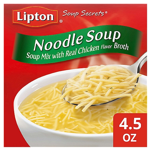 Enjoy soup at any time with Lipton Soup Secrets Soup Mixes. Our satisfying soups are made with real chicken broth and enriched flavorful noodles, and they're a great way to please the entire family. Each box of Soup Secrets Soup mix makes 6-8 servings. Enjoy it as a satisfying bowl of soup any time of day for as few as 70 calories (or less) per one cup serving. nnSoup Secrets make it easy for you to make hearty, homemade soup for your family. Add one bag of instant soup mix to four cups of water and bring to a boil, cooking until noodles are tender. Add your favorite meats and/or vegetables for a delicious meal made in a faction of the time. For even faster prep, combine one pack of dry soup mix to four cups of water and microwave on high for 10-12 minutes or until noodles are tender.nnBring the entire family together with Lipton Soups! Lipton Soups have been there for you and your family since 1940. When you're craving something warm and satisfying for your family, reach for Lipton Soup Secrets, and enjoy the soul-restoring combination of flavorful broth and curly, swirly noodles. Soup Secrets are available in 4 delicious varieties: classic Noodle Soup, Extra Noodle Soup, Ring-O-Noodle Soup, and Chicken Noodle Soup with Diced White Chicken Meat.nnSoup Mix with Real Chicken Flavor Broth