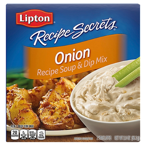 Lipton Recipe Secrets Onion Soup and Dip Mix is our one and only classic! Our Onion Dry Soup Mix is your seasoning secret for flavorful family meals. Add it to everything—from potatoes and burgers to meatloaf, soups and so much more, and watch your family's eyes light up with every delicious bite. It's also a convenient go-to for any party occasion. For a quick and delicious crowd-pleaser, simply combine this delicious onion mix with a few basic ingredients for an instant French onion dip! nnOur versatile Lipton Recipe Secrets Soup and Dip Mixes are a pantry staple and the secret ingredient to great-tasting recipes of all kinds! With six varieties and endless possibilities, Lipton has a favorite dry soup mix and dip mix for everyone. Come busy nights or unexpected guests, you'll be ready for anything when you keep Lipton Recipe Secrets on hand. Try them all: Golden Onion, Savory Herb with Garlic, Beefy Onion, Vegetable, Onion Mushroom, and our classic Onion Soup and Dip Mix. nnBring the entire family together with Lipton Soups! Lipton Soups have been there for you and your family since 1940.Try our other soothing, satisfying, and delicious Lipton Soup Products. Lipton Soup Secrets and Lipton Cup-a-Soup are delicious instant soups that take just minutes to prepare.