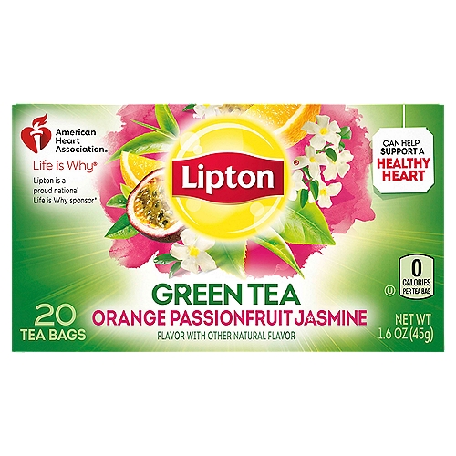 Lipton Green Tea Bags Orange Passionfruit Jasmine 1.13 oz, 20 Count
Love Your Heart with the naturally light, fresh taste of Green Tea!
Drinking unsweetened Lipton Green Tea can help support a healthy heart.** It's also a delicious way to hydrate so grab a cup today. And tomorrow. And the next day!
**Unsweetened Lipton Orange Passionfruit Jasmine Green Tea contains about 90mg of flavonoids per serving, no calories, no added sugars and it is 99.5% water.

This Lipton Green Tea contains flavonoids, which, along with a diet consistent with dietary guidelines, can help maintain heart health. There are so many benefits to drinking tea. Did you know regular consumption of black or green tea can help support a healthy heart? Daily consumption of 2-3 cups of unsweetened brewed tea provides 200-500 mg of flavonoids that can help support a healthy heart as part of a diet consistent with dietary guidelines.
Lipton Orange Passionfruit Jasmine Green Tea bags enliven the delicate taste of green blended tea with the character of citrus and jasmine. We blend our Lipton Green Tea with the delicious flavors of orange, passionfruit and jasmine, balancing the best of what the green leaf tea has to offer.

Our flavored tea blends are made with Rainforest Alliance certified tea leaves, for a refreshing and rounded sip with a smooth and mellow finish that is equally delightful hot or cold. Made with sunshine and rain, it lets you drink in positivity and relish a moment of pure lightness.

Thomas Lipton was a man on a mission - to share his passion for tea around the world. He believed that everyone deserved high quality, great tasting tea. And over 120 years later, that belief is still what drives us - inspiring more flavors, more varieties and more love than ever before. All our tea bags are 100% sustainably sourced, which translates into ensuring decent wages for tea farmers around the world together with access to quality housing, education and medical care. Your tea is their brighter future.