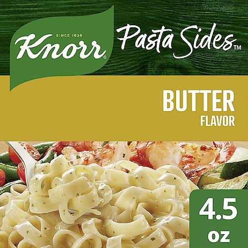 Knorr Pasta Sides Butter Fettuccine 4.5 oz
Treat your taste buds to Knorr Pasta Sides Butter Fettuccine. A delicious fettuccine side dish, it combines tender pasta with a delicate butter sauce. In addition to tasting delicious, our Butter Pasta is easy to prepare. Knorr pasta side dishes cook in minutes on the stovetop or in the microwave, and they're perfect as the base for a delicious main dish or as a standalone side dish. Make Knorr Pasta Sides the foundation of a crowd-pleasing dinner or an easy meal. Knorr Pasta Sides have no artificial flavors or preservatives, and no added MSG, except those naturally occurring glutamates. Use these easy pasta side dishes to create a mouth-watering main dish. Simply prepare Knorr Pasta Sides and add your favorite meat and vegetables to make a dinner your family is sure to love. You can find great recipes from Knorr, like our chef-inspired Chicken Scampi Fettuccine. Discover more quick and delicious dinner ideas at Knorr.com. Hundreds of recipes are available to help you find dinner inspiration. We at Knorr believe that good food matters, and everyday meals can be just as magical as special occasions. Our products owe their taste and flavors to the culinary skills and passion of our chefs, and we source high-quality ingredients to create delicious side dishes, bouillons, sauces, gravies, soups, and seasonings enjoyed by families everywhere.

Fettucine in a Delicate Butter Flavored Sauce