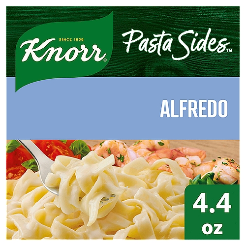 Knorr Pasta Sides Alfredo Fettuccine 4.4 oz
Treat your taste buds to Knorr Pasta Sides Alfredo. Our pasta side dish expertly combines fettuccine with cheesy flavors and a creamy sauce; your family is sure to love the flavor of our easy pasta dishes. On top of tasting delicious, our Alfredo pasta is quick and easy to prepare. Knorr pasta side dishes cook in just 7 minutes on the stovetop or in the microwave, and they're perfect as the base for a delicious main dish or as a standalone rice side dish. Make Knorr Pasta Sides the foundation of a crowd-pleasing dinner or an easy meal.

Knorr Pasta Sides have no artificial flavors or preservatives, and no added MSG, except naturally occurring glutamates, making them an excellent choice for a family-favorite meal. Use these easy pasta side dishes to create a mouthwatering main dish. Simply prepare Knorr Pasta Sides and add your favorite meat and vegetables to make a dinner your family is sure to love. You can find great recipes from Knorr like our chef-inspired Chicken Alfredo Florentine — simply add juicy chicken, plump tomatoes, and fresh spinach to turn a side dish into a stunning entrée.

Discover more quick and delicious dinner ideas at Knorr.com. Hundreds of recipes are available to help you find dinner inspiration. We at Knorr believe that good food matters, and everyday meals can be just as magical as special occasions. Our products owe their taste and flavors to the culinary skills and passion of our chefs, and we source high-quality ingredients to create delicious side dishes, bouillons, sauces, gravies, soups, and seasonings enjoyed by families everywhere.

Fettuccine in a Creamy Parmesan & Romano Cheese Flavored Sauce