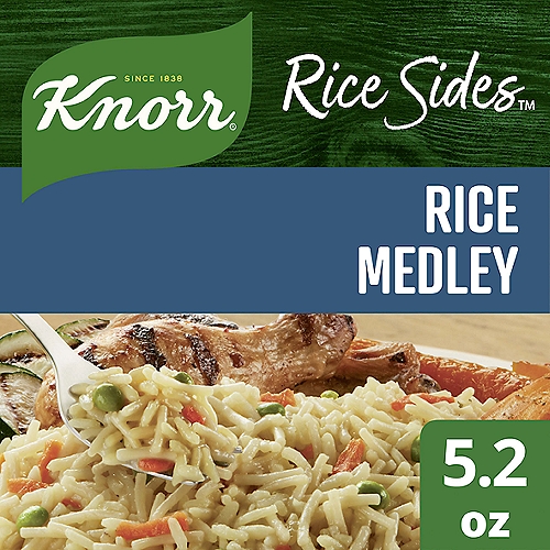 Knorr Rice Sides Rice Medley 5.6 oz
Treat your taste buds to Knorr Rice Sides Rice Medley. Our rice and pasta blend expertly combines peas and carrots for a savory dish; your family is sure to love the flavor of our Rice Medley. On top of tasting delicious, our rice side is quick and easy to prepare. Knorr rice side dishes cook in just 7 minutes on the stovetop, or in the microwave, and they're perfect as the base for a delicious main dish or as a standalone rice side dish. Make Knorr Rice Sides the foundation of a crowd-pleasing dinner or an easy meal. Knorr Rice Sides have no artificial flavors, no preservatives and no added MSG, except those naturally occurring glutamates, making them an excellent choice for a family-favorite meal. Use these easy rice side dishes to create a mouth-watering main dish. Simply prepare Knorr Rice Sides and add your favorite meat and vegetables to make a dinner your family is sure to love. You can find great recipes from Knorr, like our chef-inspired Vegetable & Tofu Rice with Chimichurri. Discover more quick and delicious dinner ideas at Knorr.com. Hundreds of recipes are available to help you find dinner inspiration. We at Knorr believe that good food matters, and everyday meals can be just as magical as special occasions. Our products owe their taste and flavors to the culinary skills and passion of our chefs, and we source high-quality ingredients to create delicious side dishes, bouillons, sauces, gravies, soups, and seasonings enjoyed by families everywhere.

Rice & Pasta Blend in a Savory Sauce with Carrots & Peas

A medley of rice pasta, peas & carrots in a savory sauce