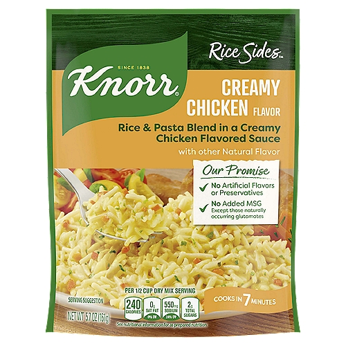 Knorr Rice Sides Creamy Chicken Long Grain Rice and Vermicelli Pasta Blend 5.7 oz
Our Creamy Chicken Rice Side blends a delectably creamy chicken-flavored sauce with onions, carrots, rosemary and garlic to make classic dishes a hit at the dinner table. Our deliciously seasoned rice side dishes are great as part of a delicious main dish or as a standalone side dish. Make Knorr Rice Sides the foundation of a crowd-pleasing dinner. Your family is sure to love the creamy chicken-flavored sauce of Knorr Rice Sides Creamy Chicken Rice. On top of tasting delicious, our rice dishes are quick and easy to prepare. Knorr Rice Sides cook in just seven minutes on the stovetop, or in the microwave.

Knorr Rice Sides have no artificial flavors, no preservatives, and no added MSG except those naturally occurring glutamates, making them an excellent choice for creating a family-favorite meal. Use Knorr's easy rice side dishes to create a mouth-watering main dish. Simply prepare Knorr Rice Sides and add your favorite meat and vegetables to make a dinner your family is sure to love. You can find great recipes from Knorr like our chef-inspired Creamy Bruschetta Chicken -- simply add skinless chicken breast, fresh tomatoes, and shredded mozzarella cheese. 

Discover more quick and delicious dinner ideas at Knorr.com. Hundreds of recipes are available to help you find dinner inspiration. We at Knorr believe that good food matters, and everyday meals can be just as magical as special occasions. Our products owe their taste and flavors to the culinary skills and passion of our chefs, and we source high-quality ingredients to create delicious side dishes, bouillons, sauces, gravies, soups, and seasonings enjoyed by families everywhere.

Rice & Pasta Blend in a Creamy Chicken Flavored Sauce with other Natural Flavors
