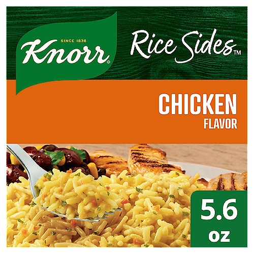 Treat your taste buds to Knorr Rice Sides Chicken. Our rice and pasta blend expertly combines onions, carrots, garlic, and parsley with a mouthwatering, chicken-flavored sauce; your family is sure to love the flavor of this rice side. On top of tasting delicious, our Chicken rice side dish is quick and easy to prepare. Knorr rice side dishes cook in just 7 minutes on the stovetop or in the microwave, and they're perfect as the base for a delicious main dish or as a standalone rice side dish. Make Knorr Rice Sides the foundation of a crowd-pleasing dinner or an easy meal.nnKnorr Rice Sides have no artificial flavors, no preservatives, and no added MSG, except those naturally occurring glutamates, making them an excellent choice for creating a family-favorite meal. Use these easy rice side dishes to create a mouthwatering main dish. Simply prepare Knorr Rice Sides and add your favorite meat and vegetables to make a dinner your family is sure to love. You can find great recipes from Knorr, like our chef-inspired Cheesy Chicken Fiesta.nnDiscover other quick and delicious dinner ideas at Knorr.com, with hundreds of recipes to help you find dinner inspiration. Knorr offers more than 40 varieties of rice and pasta sides, so you can be sure to find flavors your family will love. Knorr believes that good food matters, and everyday meals can be just as magical as special occasions. Our products owe their taste and flavors to the culinary skills and passion of our chefs. Knorr sources high-quality ingredients to create delicious side dishes, bouillons, sauces, gravies, soups, and seasonings enjoyed by families everywhere.nnRice & Pasta Blend in a Savory Chicken Flavored Sauce with Other Natural Flavor