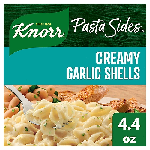 Knorr Pasta Sides Creamy Garlic Shells 4.4 oz
Make great-tasting meals for your family quickly and easily, with our delicious pasta sides. Knorr Pasta Sides Creamy Garlic Shells expertly combines garlic and butter with a Romano-cheese-flavored sauce; a taste your family is sure to relish. Our deliciously seasoned pasta side dishes are great as part of a delicious main dish or as a standalone side dish. Make Knorr Pasta Sides the foundation of a crowd-pleasing dinner. Your family is sure to love the creamy garlic sauce of Knorr Pasta Sides Creamy Garlic Shells. On top of tasting delicious, our pasta dishes are quick and easy to prepare. Knorr Pasta Sides Creamy Garlic Shells cook in just 11 minutes on the stovetop or in the microwave. 

Knorr Pasta Sides have no artificial flavors, no preservatives, and no added MSG, except those naturally occurring glutamates, making it an excellent choice for creating a family-favorite meal. Use these easy pasta sides to add versatility to your main dish. Simply prepare Knorr Italian Sides and add your favorite meat and vegetables to whip up a dish that's sure to be an instant hit at the dinner table. You can find great recipes from Knorr like our chef-inspired Spinach Artichoke & Chicken Pasta - simply add cooked chicken pieces, chopped artichoke, spinach leaves, some red chilies, and voila! A splendid pasta meal is ready.

Discover more quick and delicious dinner ideas at Knorr.com. Hundreds of recipes are available here to help you find dinner inspiration. Knorr offers more than 40 varieties of rice and pasta sides, so you can be sure to find flavors your family will love. Knorr believes that good food matters, and everyday meals can be just as magical as special occasions. Our products owe their taste and flavors to the culinary skills and passion of our chefs. Knorr sources high-quality ingredients to create delicious side dishes, bouillons, sauces, gravies, soups, and seasonings enjoyed by families everywhere.
