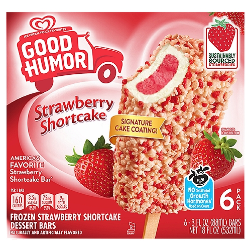 Good Humor Frozen Strawberry Shortcake Dessert Bars, 3 fl oz, 6 count
America's Favorite strawberry shortcake bar

No artificial growth hormones† used on cows
†Suppliers of Other Ingredients Such as Cookies, Candies & Sauces May Not Be Able to Make this Pledge. The FDA States that No Significant Difference Has Been Shown Between Dairy Derived from RBST-Treated and Non-RBST-Treated Cows.