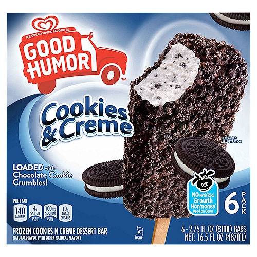 Good Humor Frozen Dessert Bar Cookies N Creme 6 Pack
Good Humor Cookies N Creme Frozen Dessert Bar features creamy vanilla frozen dairy dessert loaded with chocolate cookie crumbles and coated in chocolate cookie crunch pieces. These frozen dessert bars contain no artificial growth hormones. There are six frozen dessert bars in each box, making this the perfect treat for sharing with friends and family. Good Humor ice cream and frozen dessert bars bring heartfelt joy to your neighborhood and remind you to savor simple moments of joy. Good Humor reminds you of the sound of ice cream truck bells growing louder as the truck rounds the corner— and with it the childlike anticipation, the giddy excitement, the simple joy of knowing what's coming around the corner. It doesn't matter if you're 9 or 99; Good Humor frozen treats transport you for a few precious minutes to a brighter, sunnier place. Where all the serious stuff of life seems to, well, melt away. Good Humor is the taste of America, and our product philosophy celebrates the classic flavors and formats that our Americans have grown to love. Originally inspired by classics like Cookies and cream ice cream, we used dessert inspiration to make some frozen versions of America's favorites. Good Humor has fun with America's favorite desserts, reimagining them into tasty frozen treats. Good Humor knows that ice cream is fun for families! At Good Humor, our products feature tastes and textures that appeal to everybody in the family. We want our products to appeal to all, and in doing so, help bring families together. The kids might love the classic stick bars, but mom is looking for an indulgent cookie sandwich. From sticks to bars, we have something for everyone.

No artificial growth hormones† used on cows
†Suppliers of Other Ingredients Such as Cookies, Candies & Sauces May Not Be Able to Make this Pledge. The FDA States that No Significant Difference Has Been Shown Between Dairy Derived from RBST-Treated and Non-RBST-Treated Cows.