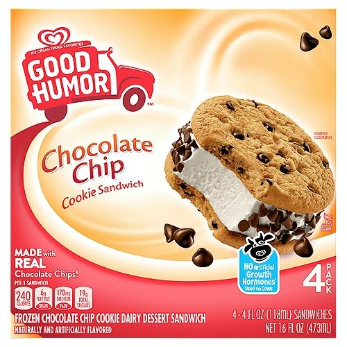 Good Humor Chocolate Chip Cookie Sandwich, 4 fl oz, 4 count
Frozen Chocolate Chip Cookie Dairy Dessert Sandwich