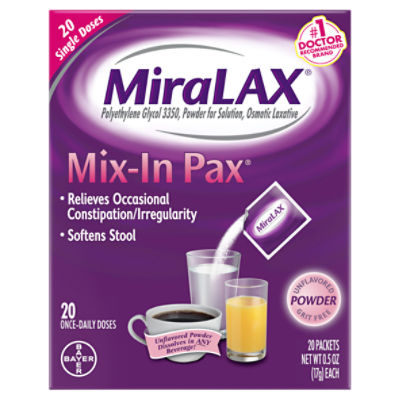 MiraLAX Mix-In Pax Unflavored Powder Laxative, 0.5 oz, 20 count