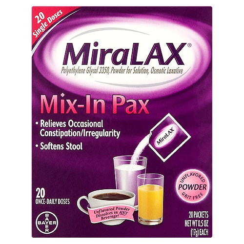 MiraLAX Mix-In Pax Unflavored Powder Laxative, 0.5 oz, 20 count