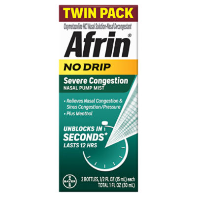 Afrin No Drip Severe Congestion Nasal Pump Mist Twin Pack, 1/2 fl oz, 2 count