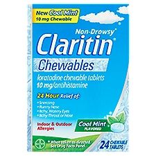 Claritin Non-Drowsy Indoor & Outdoor Allergies Cool Mint Flavored Chewable Tablets, 10 mg, 24 count