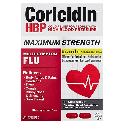 Coricidin HBP Maximum Strength Multi-Symptom Flu Tablets, 24 count