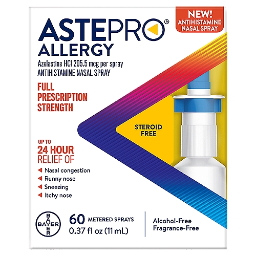Astepro Allergy Antihistamine Nasal Spray, 0.37 fl oz
Drug Facts
Active ingredient (in each spray) - Purpose
Azelastine HCI 205.5 mcg (equivalent to 187.6 mcg azelastine) - Antihistamine

Uses
Temporarily relieves these symptoms due to hay fever or other upper respiratory allergies:
■ nasal congestion
■ runny nose
■ sneezing
■ itchy nose

First Antihistamine Nasal Spray FDA-approved for over-the-counter use