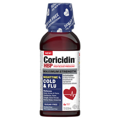 Coricidin HBP Sugar Free Maximum Strength Nighttime Cold & Flu Cherry Flavor Liquid, 12 fl oz