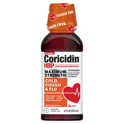 Coricidin HBP Maximum Strength Cherry Cold, Cough & Flu Liquid, 12 fl oz, 12 Fluid ounce