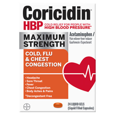 Coricidin HBP Maximum Strength Cold, Flu & Chest Congestion Liquid Gels