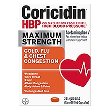 Coricidin HBP Maximum Strength Cold, Flu & Chest Congestion Liquid Gels, 24 count