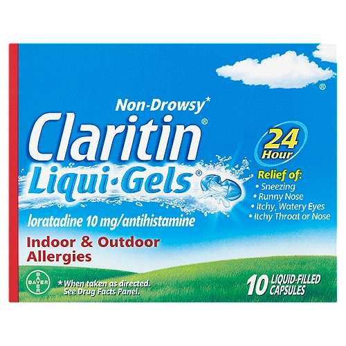 Claritin Liqui-Gels 24 Hour Non-Drowsy Liquid-Filled Capsules, 10 count
Non-drowsy*
*When taken as directed.
See drug facts panel.

Uses
Temporarily relieves these symptoms due to hay fever or other upper respiratory allergies:
■ runny nose
■ itchy, watery eyes
■ sneezing
■ itching of the nose or throat

Drug Facts
Active ingredient (in each capsule) - Purpose
Loratadine 10 mg - Antihistamine