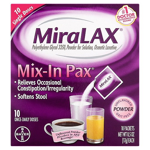 MiraLAX Mix-In Pax Unflavored Powder Laxative, 0.5 oz, 10 count