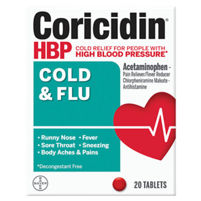 Coricidin HBP Cold & Flu Tablets, 20 count