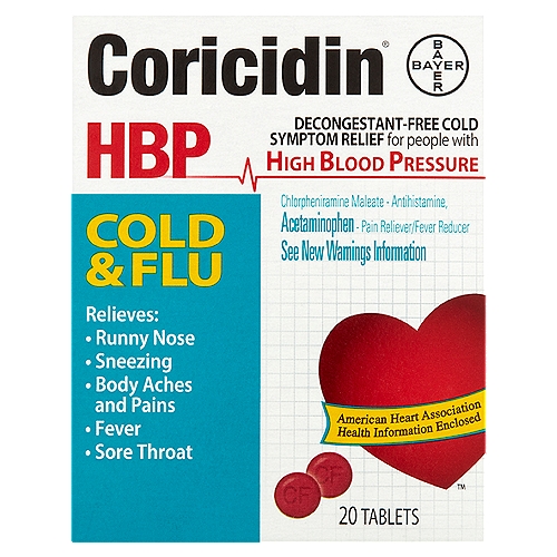 Coricidin HBP Cold & Flu Tablets, 20 countnUsesn■ temporarily relievesn ■ minor aches and painsn ■ headachen ■ sneezingn ■ runny nosen ■ sore throatn■ temporarily reduces fevernnDrug FactsnActive ingredients (in each tablet) - PurposesnAcetaminophen 325 mg - Pain reliever/fever reducernChlorpheniramine maleate 2 mg - Antihistamine