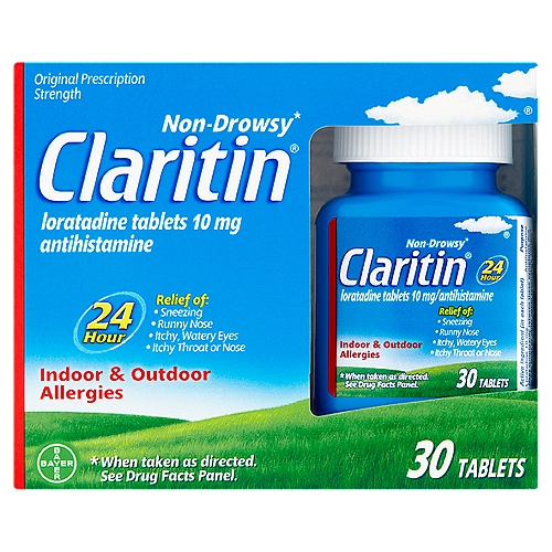 Claritin Indoor & Outdoor Allergies Tablets, 10 mg, 30 count
Loratadine Tablets 10 mg Antihistamine

Non-drowsy*
*When taken as directed.

Uses
Temporarily relieves these symptoms due to hay fever or other upper respiratory allergies:
■ runny nose
■ itchy, watery eyes
■ sneezing
■ itching of the nose or throat

Drug Facts
Active ingredient (in each tablet) - Purpose
Loratadine 10 mg - Antihistamine