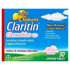 Claritin Children's Bubble Gum Flavored Chewable Tablets, 5 mg, Ages 2 Years and Older, 30 count