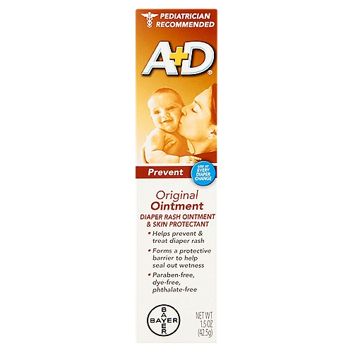 A+D Prevent Original Ointment, 1.5 oz
Diaper Rash Ointment & Skin Protectant

Uses
■ helps treat and prevent diaper rash
■ temporarily protects minor:
 ■ cuts
 ■ scrapes
 ■ burns
■ temporarily protects and helps relieve chapped, chafed or cracked skin and lips
■ protects chafed skin due to diaper rash and helps seal out wetness

Drug Facts
Active ingredients - Purpose
Lanolin 15.5% - Diaper rash ointment
Petrolatum 53.4% - Skin protectant