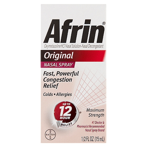 Afrin Maximum Strength Original Nasal Spray, 1/2 fl oz
Oxymetazoline HCl Nasal Solution-Nasal Decongestant

Afrin® starts to work in seconds providing up to 12 hours of nasal congestion relief without drowsiness.
Up to 12-hour relief from nasal congestion. Relief lasts all-day or all night.

Uses
■ temporarily relieves nasal congestion due to:
 ■ common cold
 ■ hay fever
 ■ upper respiratory allergies
■ temporarily relieves sinus congestion and pressure
■ shrinks swollen nasal membranes so you can breathe more freely

Drug Facts
Active ingredient - Purpose
Oxymetazoline hydrochloride 0.05% - Nasal decongestant
