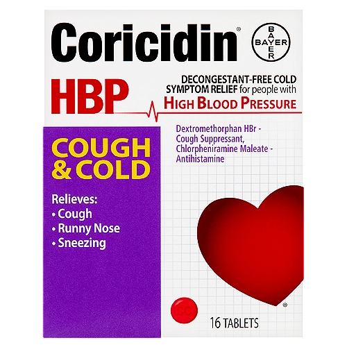 Coricidin HBP Cough & Cold Tablets, 16 count
Drug Facts
Active ingredients (in each tablet) - Purpose
Chloropheniramine maleate 4 mg - Antihistamine
Dextromethorpan hydrobromide 30 mg - Cough suppressant

Uses
■ temporarily relieves cough due to minor throat and bronchial irritation as may occur with a cold
■ temporarily relieves runny nose and sneezing due to the common cold