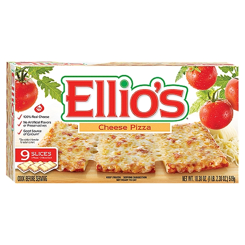 For more than 50 years, Ellio's Pizza has been a household favorite for quick and easy personal pizzas. Ellio's Original Crust Cheese Pizza is made with our signature sauce and topped with 100% mozzarella cheese and Italian spices. Enjoy the freshly rolled crust with a crispy, crunchy outside and soft, chewy inside. With three individual pizzas per box, each containing easy-to-separate slices, quickly bake an entire pizza or enjoy a single slice in just 15 minutes. Add Ellio's Original Crust Cheese Pizza to your cart today, or try our other flavors: Pepperoni, Five Cheese, Supreme, or Sicilian thick crust.