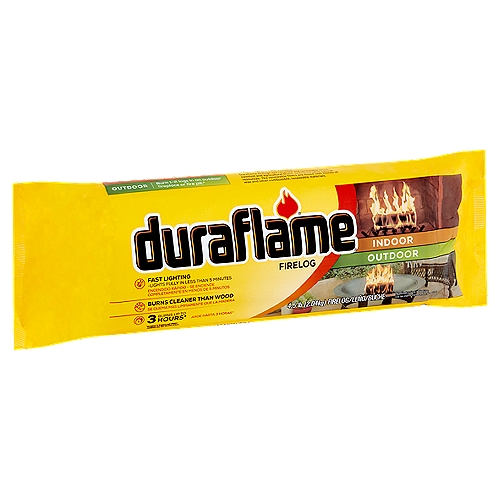Duraflame Indoor Outdoor Firelog, 4.5 lb
Burns up to 3 Hours*
*Variations in fireplace and climatic conditions may alter duration of burn.

Duraflame firelogs provide a convinient and authentic indoor or outdoor fire experience.
Indoor
Burn one log for up to 3 hours in an open-hearth fireplace.*
Outdoor
Burn 1-2 logs in an outdoor fireplace or fire pit.*
*Duraflame 4.5lb firelogs may be burned in all types of indoor, open-hearth fireplaces. They are designed to light fast and burn up to 3 hours when used according to instructions. Variations in fireplace and climatic conditions may alter duration of burn. Heat content is approximately 58,500 BTU. If used in an outdoor fireplace/ fire pit, use only in a well ventilated area, and not under any form of cover. Weather conditions and wind may cause the log to produce more smoke and burn for a shorter duration.

FireWise®
Burns Cleaner than Wood
Duraflame firelogs light faster and burn more completely than firewood, and because far less material is consumed when burning a firelog, significantly fewer pollutants are emitted than a comparable wood fire.
80% less fine particles**
75% less carbon monoxide**
90% less hazardous air pollutants**
**Source: Dec 2005 Environment Canada/US EPA Reg 5 ''Content and emission characteristics of artificial wax firelogs''

Saves Trees
A duraflame firelog consumes 80% less material than a comparable 3 hour wood fire, and burning firelogs instead of wood results in significantly fewer trees cut down for use as firewood.

Recycled & Renewable
Duraflame firelogs use recycled and renewable wood sawdust and agricultural fibers, saving valuable natural resources. The renewable fibers are mixed with blends of wax and other combustible, renewable materials.