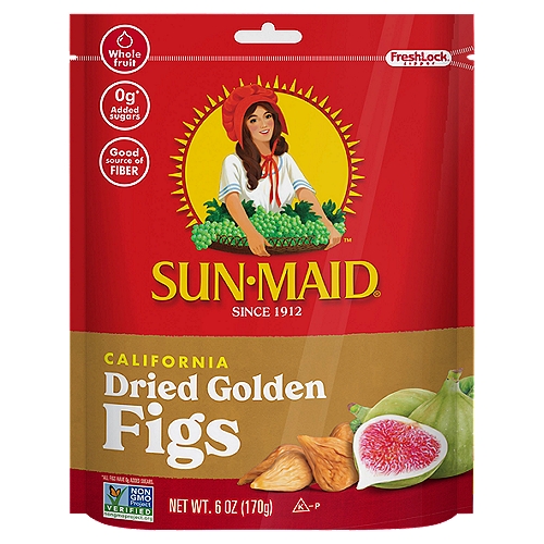 Sun-Maid California Dried Golden Figs, 6 oz
0g* added sugars
* All Figs Have 0g Added Sugars.

Sun-dried to golden perfection in the warm California sun. Our figs are gathered at just the right time to capture their peak of sweetness and highlight the slightly nutty flavor that Golden Figs are renowned for. A delicious natural treat, they are a tasty addition to baked goods, cereal and salads. Delicious paired with cheese or chocolates. Wonderful as a snack right out of the bag!

Healthy, sun-dried to perfection and perfectly delicious