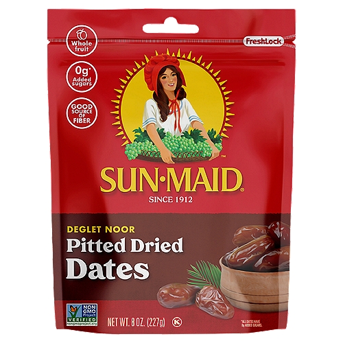Sun-Maid Deglet Noor Pitted Dried Dates, 8 oz
Fresh-Lock®

0g* added sugars
*All Dates Have 0g Added Sugars.

Grown in ample sunlight and dry conditions to produce its sweet and nutty flavor, Sun-Maid Deglet Noor Pitted Dates are healthy, good source of fiber snacks right out of the bag.