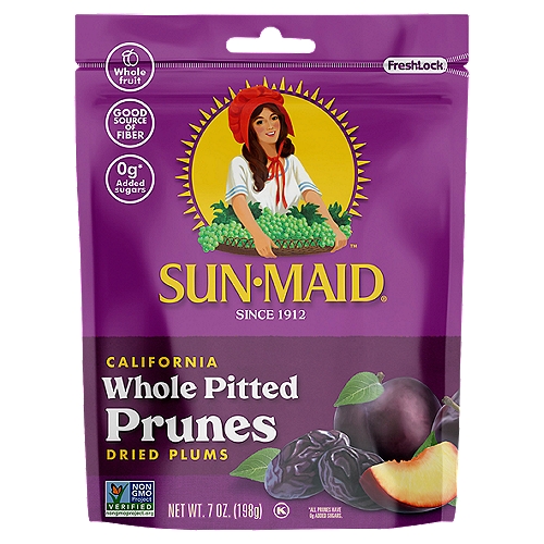 Sun-Maid California Whole Pitted Prunes, 7 oz
Fresh-Lock®

0g* added sugars
*All Prunes Have 0g Added Sugars.

Sun-Maid pitted prunes are naturally plump and delicious. Perfectly ripe French Plums are California-grown and dried for a sweet, deep flavor. They're a good source of fiber and packed with nutrients, making them the perfect snack.