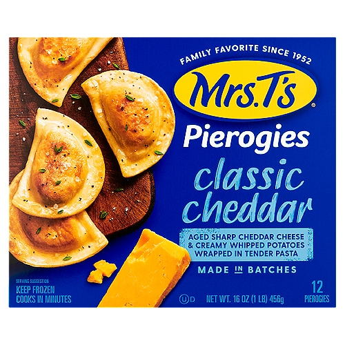 Mrs. T's Classic Cheddar Pierogies, 12 count, 16 oz
Aged Sharp Cheddar Cheese & Creamy Whipped Potatoes Wrapped in Tender Pasta