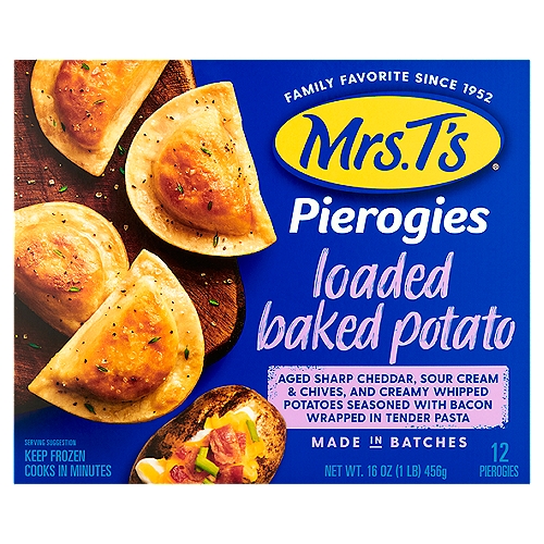 Mrs. T's Loaded Baked Potato Pierogies, 12 count, 16 oz
Sharp Cheddar Cheese, Sour Cream & Chives, and Creamy Whipped Potatoes Seasoned with Bacon
