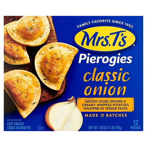 Mrs. T's Classic Onion Pierogies, 12 count, 16 oz
Savory Diced Onions & Creamy Whipped Potatoes Wrapped in Tender Pasta