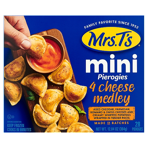 Mrs. T's 4 Cheese Medley Mini Pierogies, 28 count, 12.84 oz
Aged Cheddar, Parmesan, Romano & Swiss Cheeses and Creamy Whipped Potatoes Wrapped in Tender Pasta