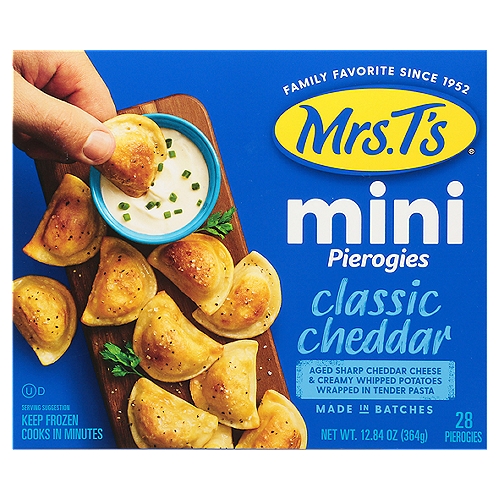 Mrs.T's Classic Cheddar Mini Pierogies, 28 count, 12.84 oz
Aged Sharp Cheddar Cheese & Creamy Whipped Potatoes Wrapped in Tender Pasta